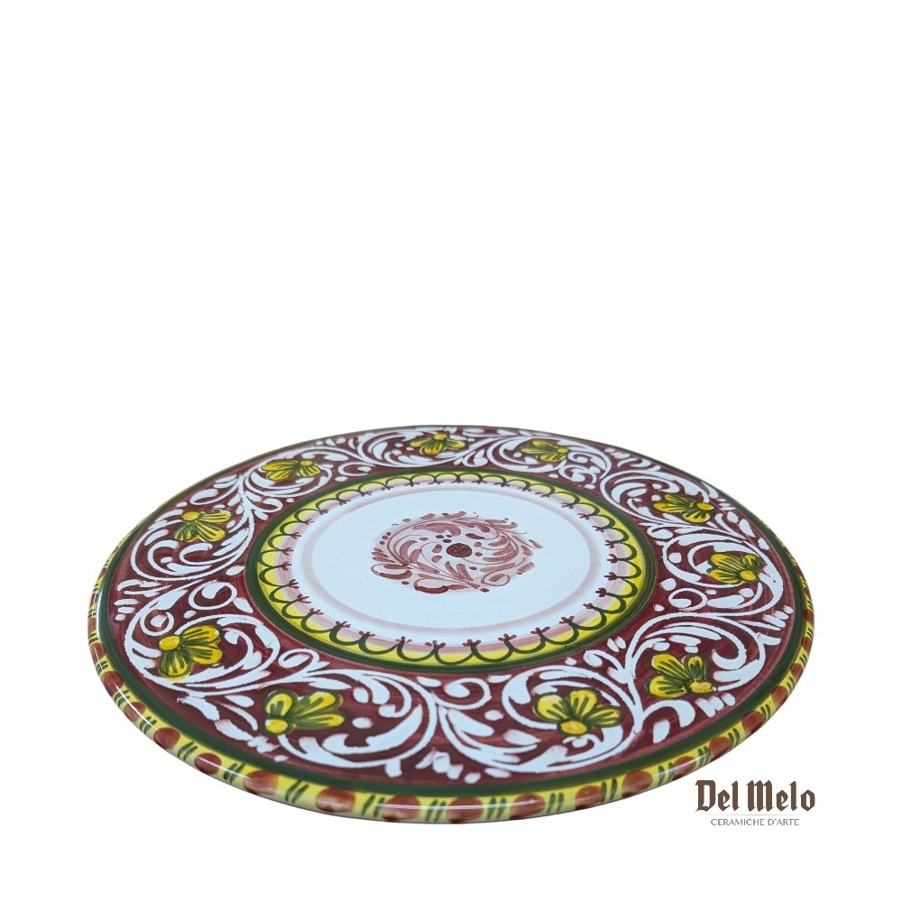 ceramica-castelli-piatto-panettone-pandoro-tortiera-natale-ornato-rosso-1111 Porta panettone Tortiera in Ceramica di Castelli decoro ornato rosso cm. 28