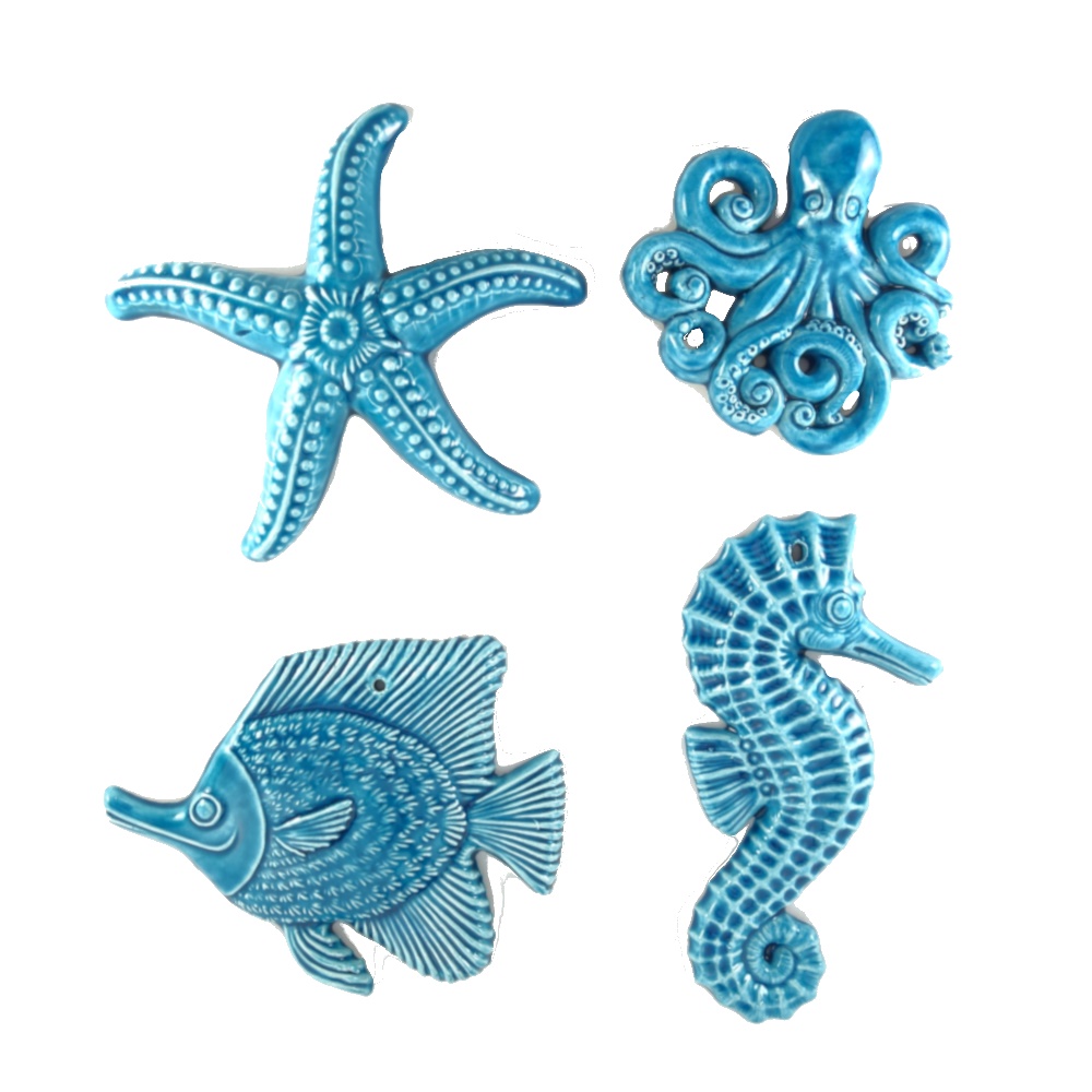Pesci da muro in ceramica set 4 pezzi cm. 15 colore turchese.