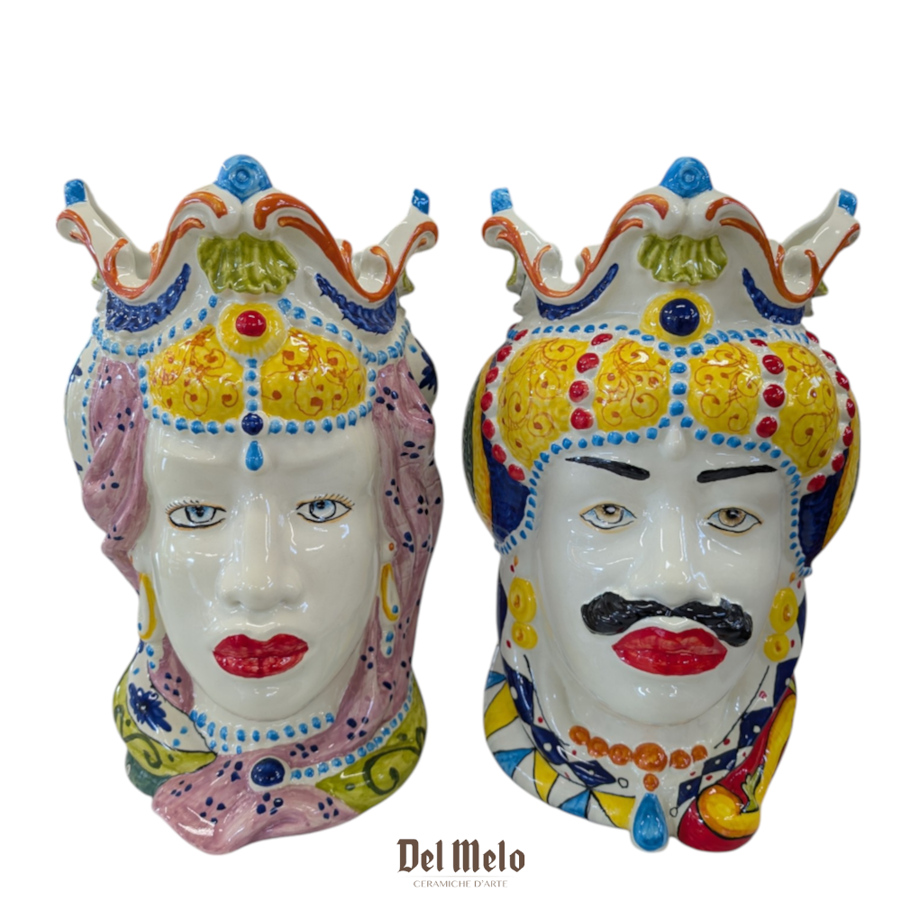 Coppia testa Mori in Ceramica Siciliana di Caltagirone h 38 cm.