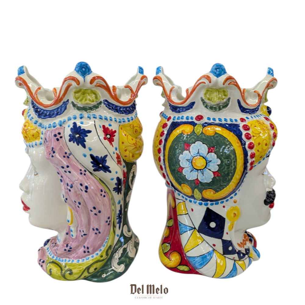 Coppia testa Mori in Ceramica Siciliana di Caltagirone h 38 cm.